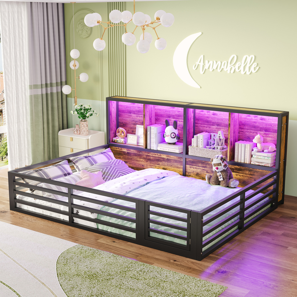 Cama bebe 140x200cm con barandilla, estantes laterales, mdf y metal negro