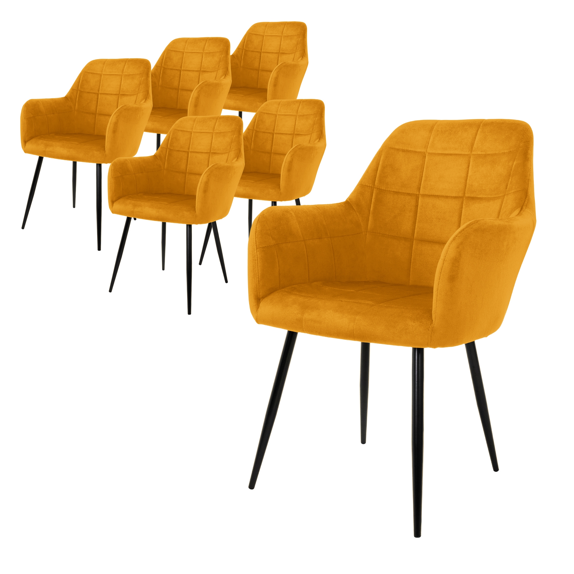 Set 6x silla de comedor/salón de terciopelo ocre mostaza con patas de acero