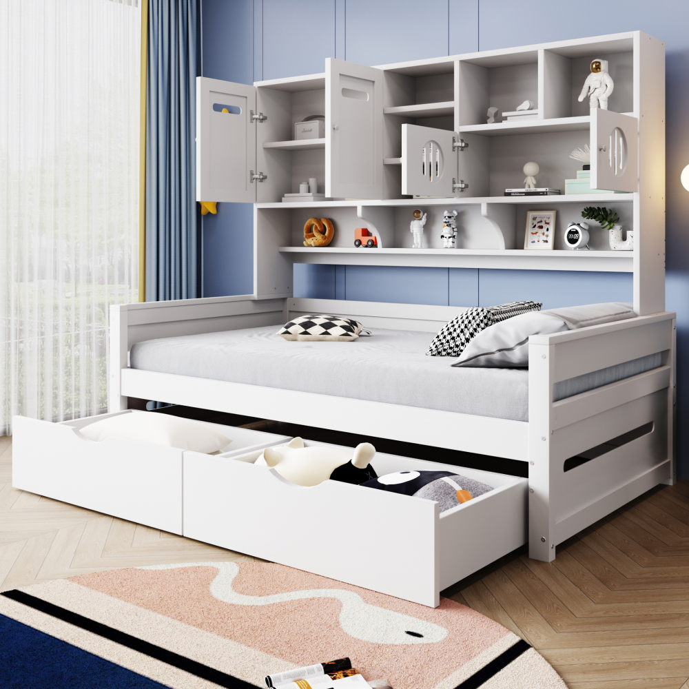 Cama individual 90x200 cm con almacenaje y cajones madera – color blanco