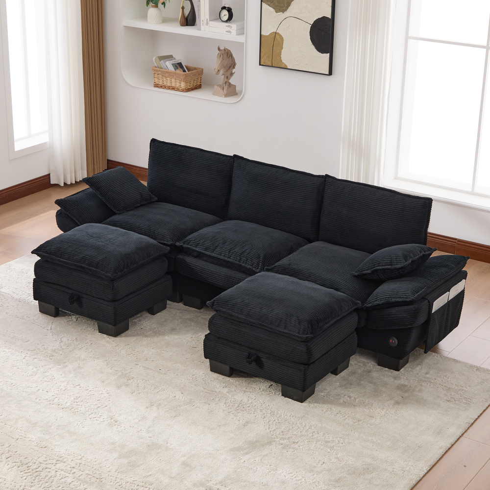 Sofá modular 3 plazas pana negro con reposapiés usb y bolsillos
