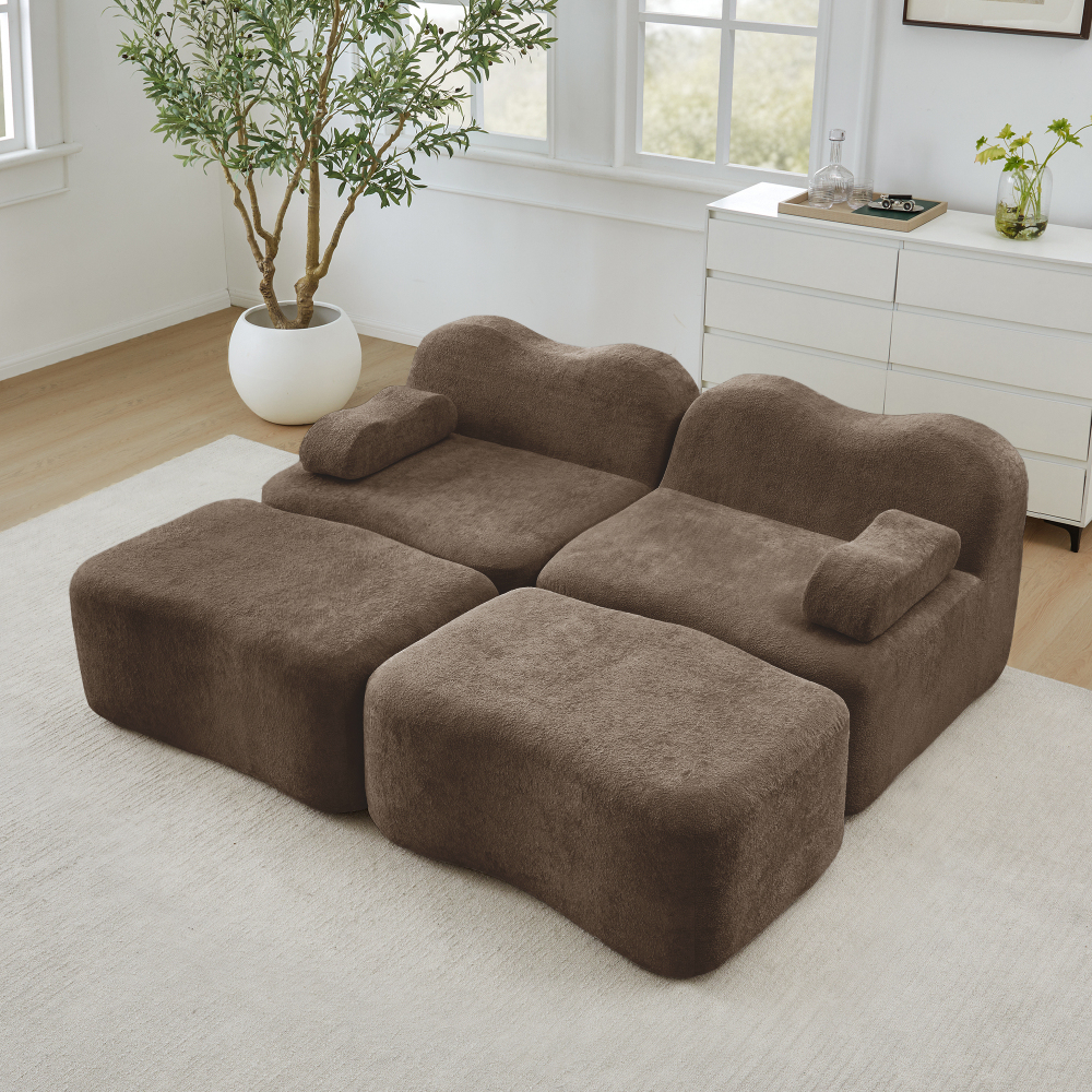 Sofá modular 2 plazas terciopelo marrón con otomanas diseño flexible