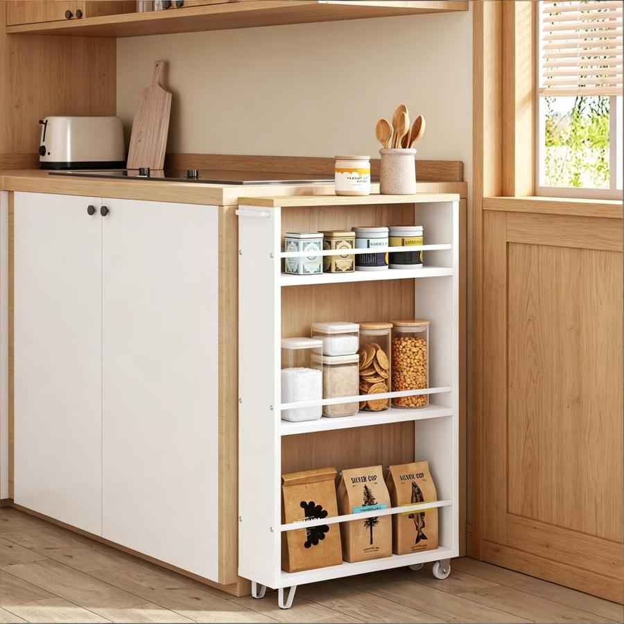 Carro auxiliar estrecho para cocina con 3 estantes blanco 80x47x13cm