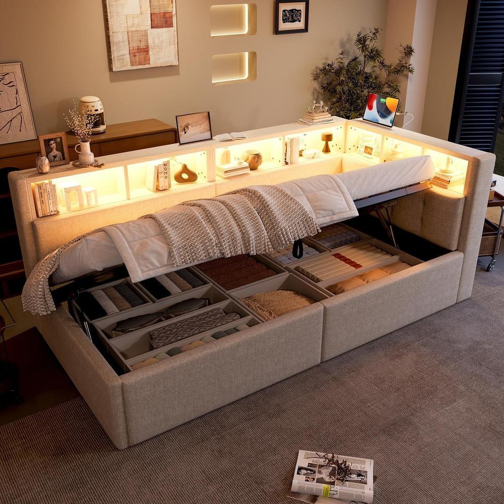 Cama diurna 90x200cm almacenaje usb-c LED multicolor hidráulica beige