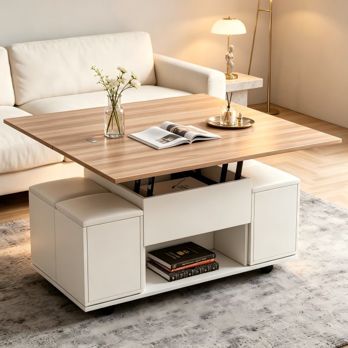 Mesa de centro elevable con almacenaje y 4 taburetes blanca 63 5x100x100cm