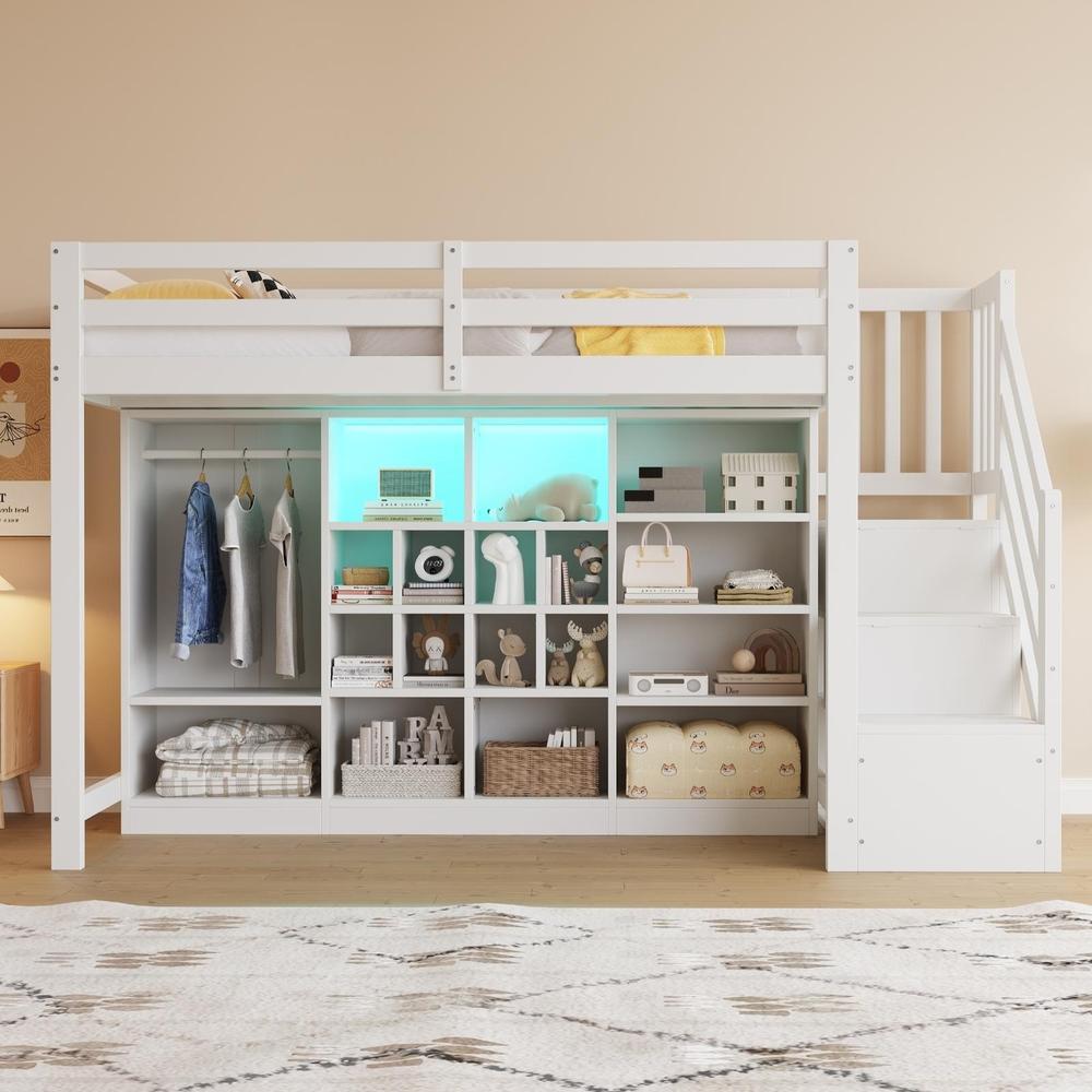 Cama altillo 90x200cm con armario y estanterías blanco