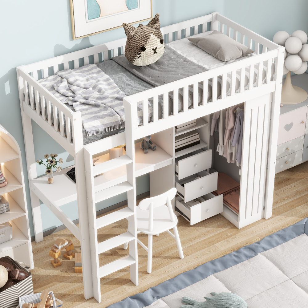 Cama alta 90x200cm con escritorio, armario y 3 cajones pino y mdf – blanco