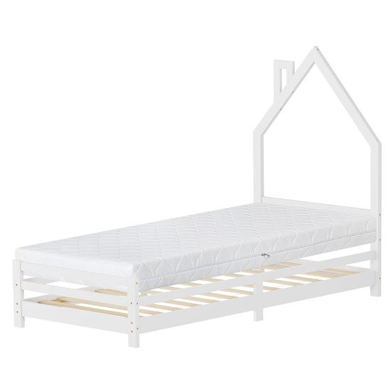 Cama infantil 90x200cm + colchón 16cm madera blanca en forma de casa