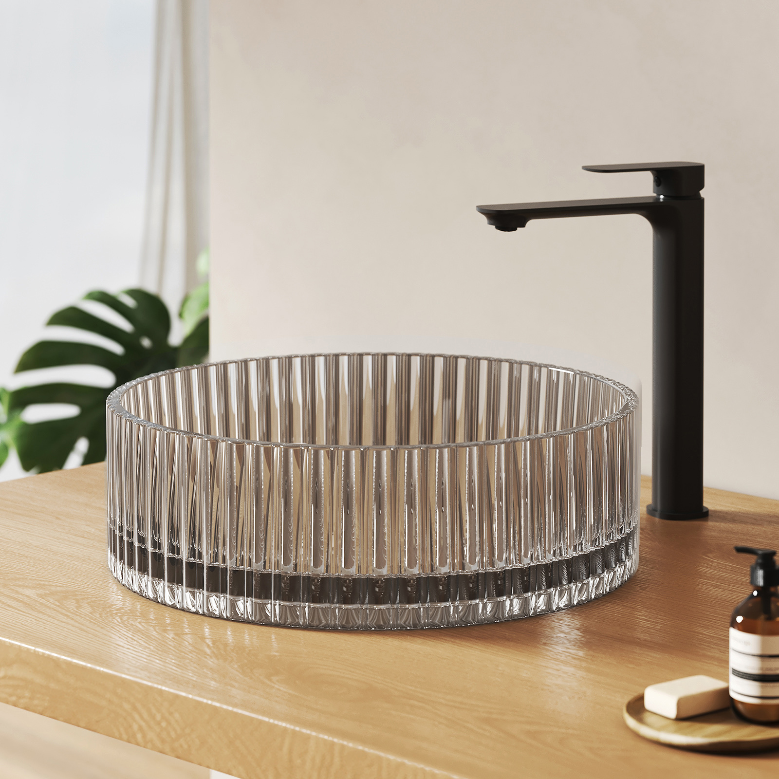Emke lavabo redondo de encimera de vidrio templado 40cm, gris transparente