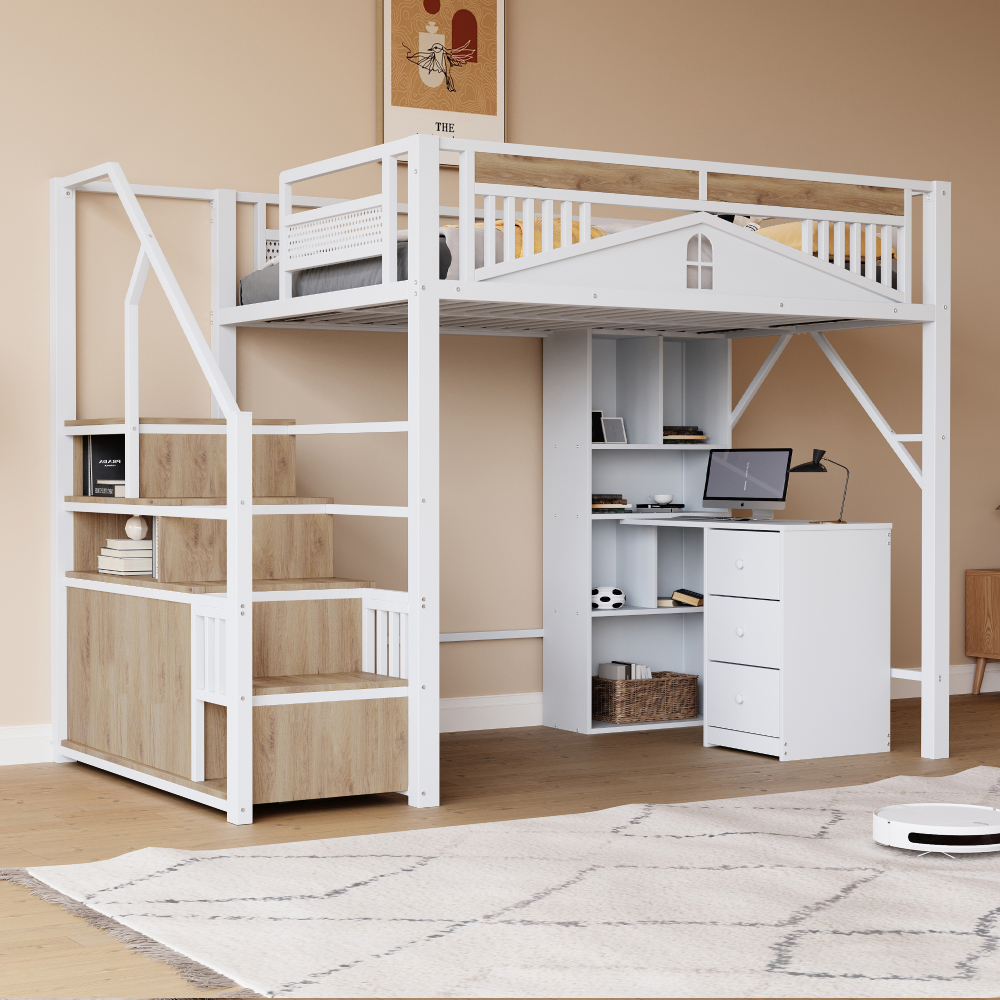 Cama alta metálica 140x200cm con barandilla, escalera de almacenaje blanco