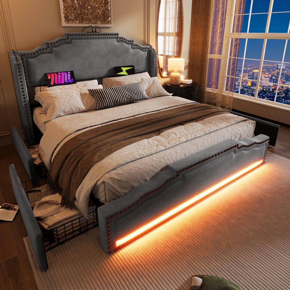 Cama tapizada 140x200cm con 4 cajones, LED y usb-c terciopelo – gris