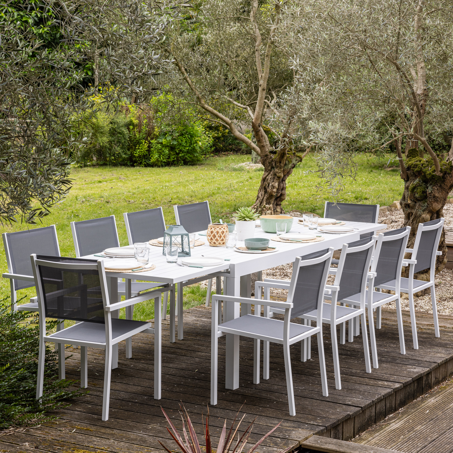 Venezia set de jardin 180/300 gris 10 pl. Blanc aluminium