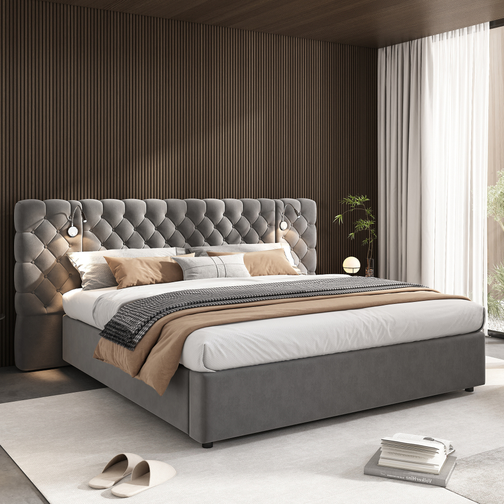 Cama tapizada 180x200cm con canapé hidráulico y LED terciopelo – gris