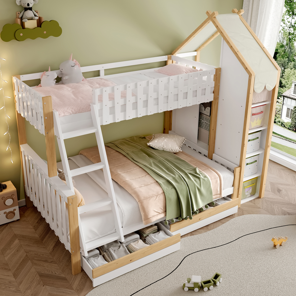 Litera 90/140x200cm con cajones y estantes madera – blanco y natural