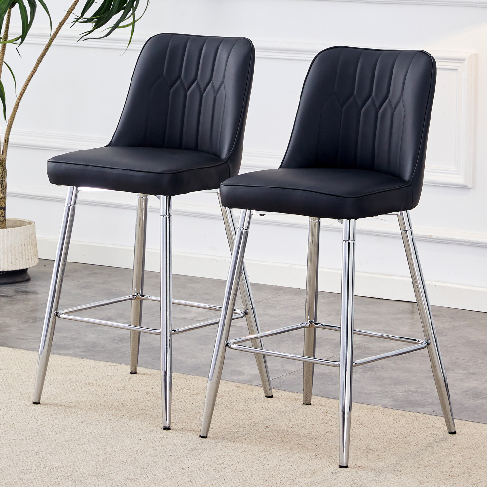 Taburete de bar pu negro metal plateado set 2 reposapiés