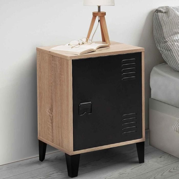 Mesita de noche industrial de madera y metal negro 40x30x53 cm