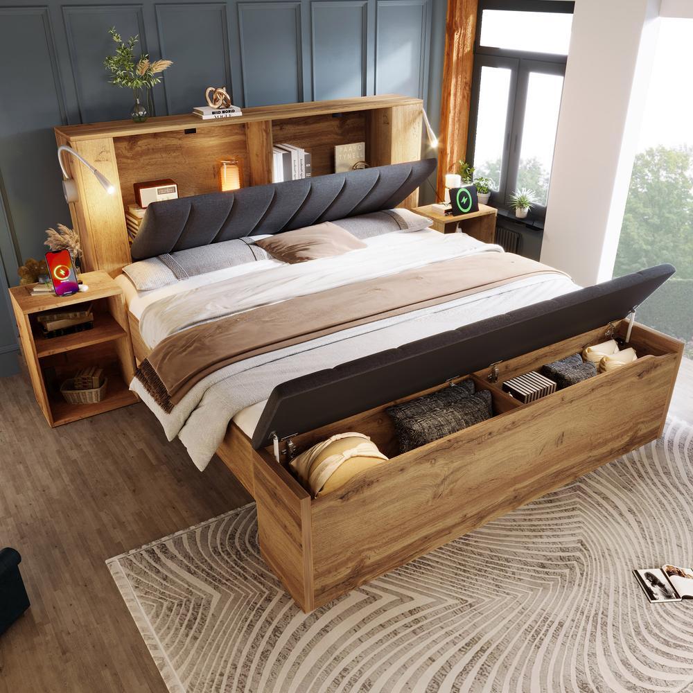 Cama 180x200cm con cabecero plegable lino, 2 mesitas y baúl, roble