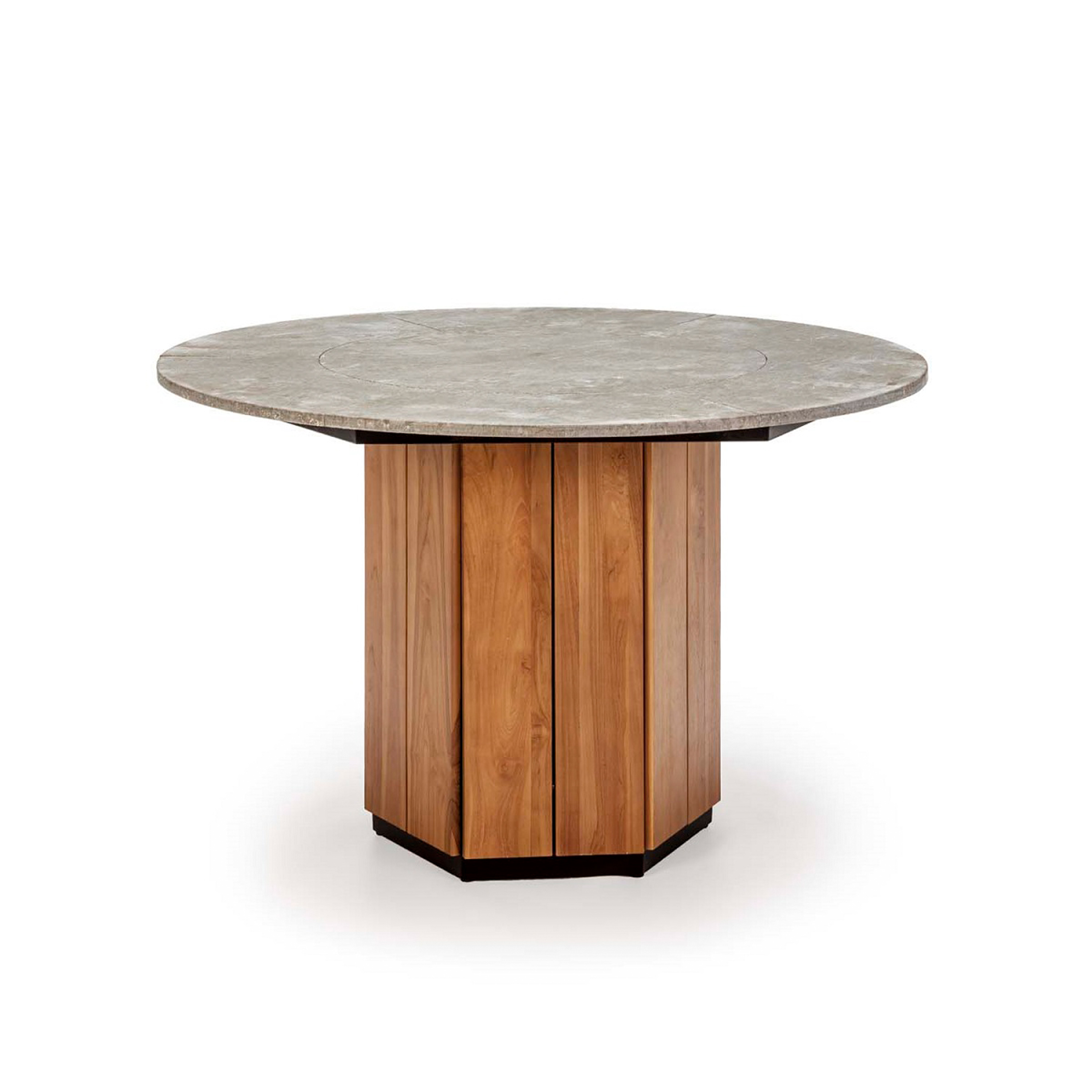 Mesa comedor 120x120x77 madera teca, piedra gris