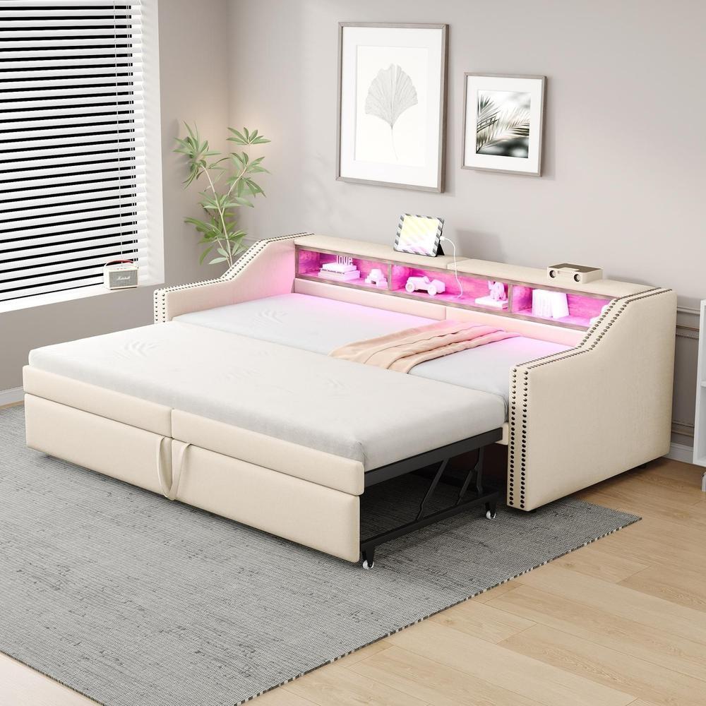 Sofá cama nido 90x200 cm, extensible a 180 cm, beige LED usb