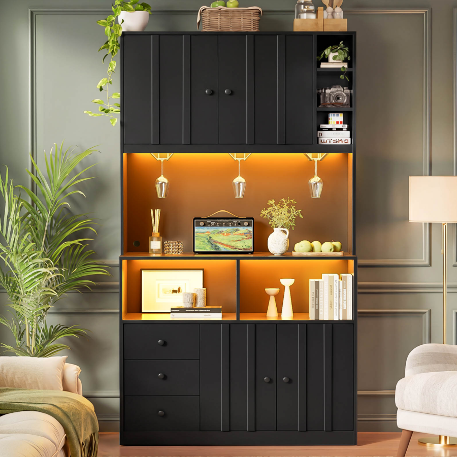 Columna de cocina con vitrina botellero y luces negro 180x100x40cm