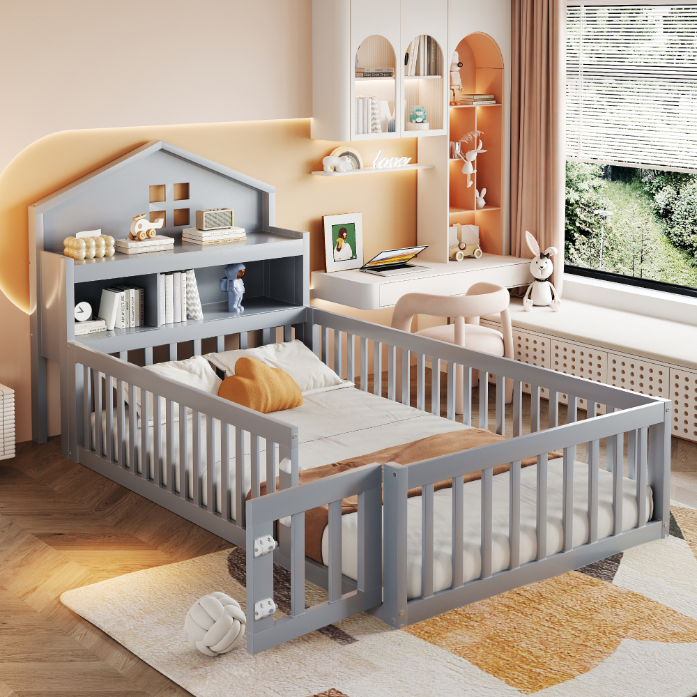 Cama infantil 90x200cm con barandilla, somier y almacenaje madera gris