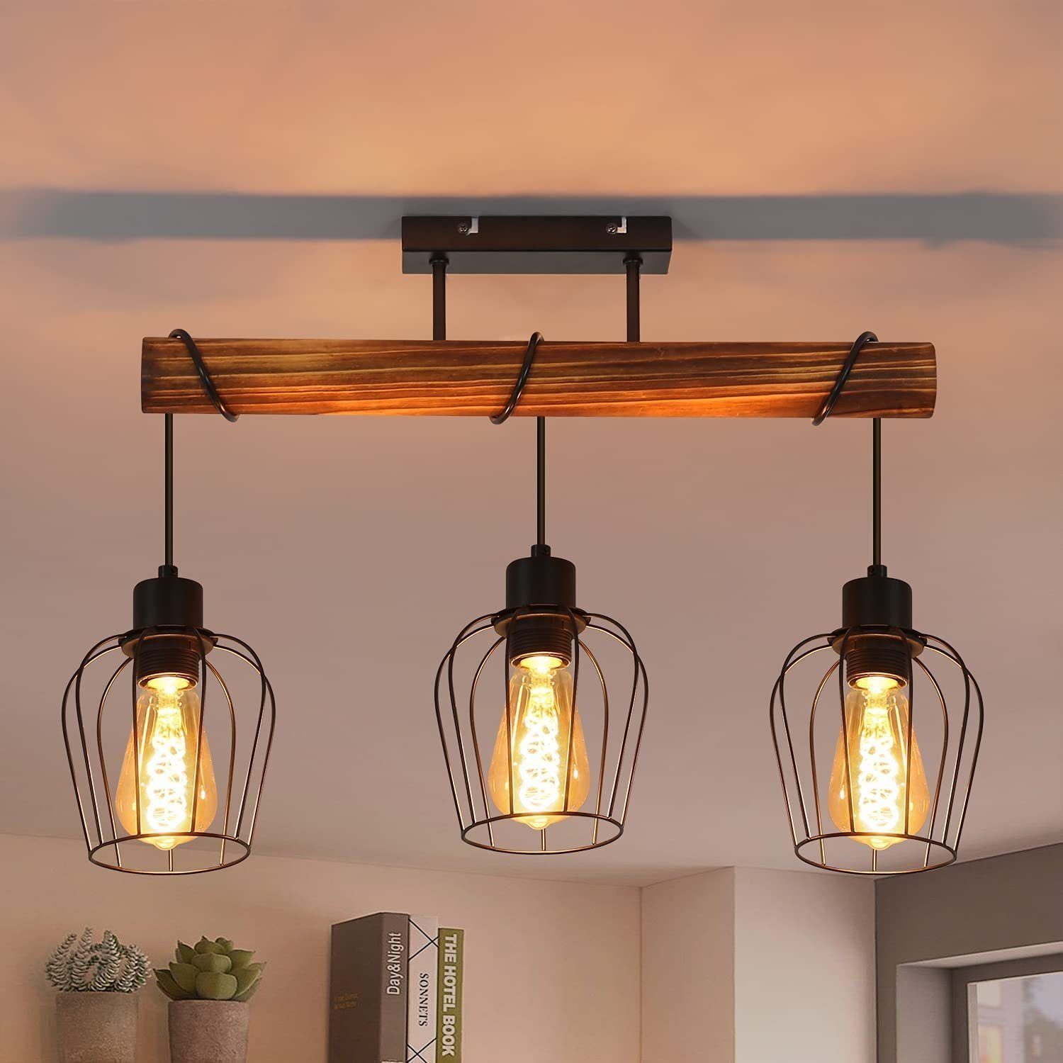 Nettlife lámpara colgar metal y madera negra lámpara vintage E27