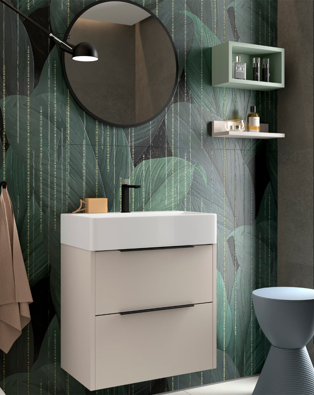Mueble baño suspendido fondo reducido lavabo cerámico moka tirador negro