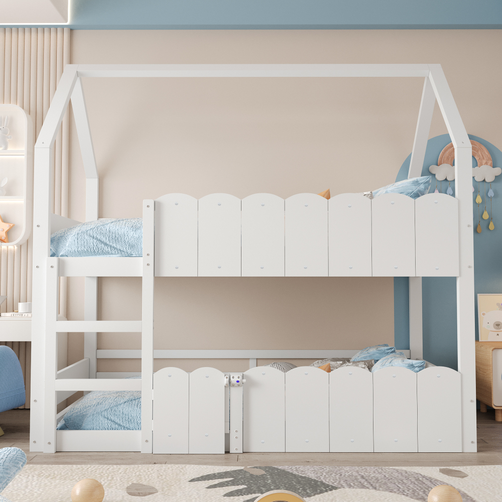 Cama alta 90x200cm barandilla y somier de láminas superior, madera – blanco