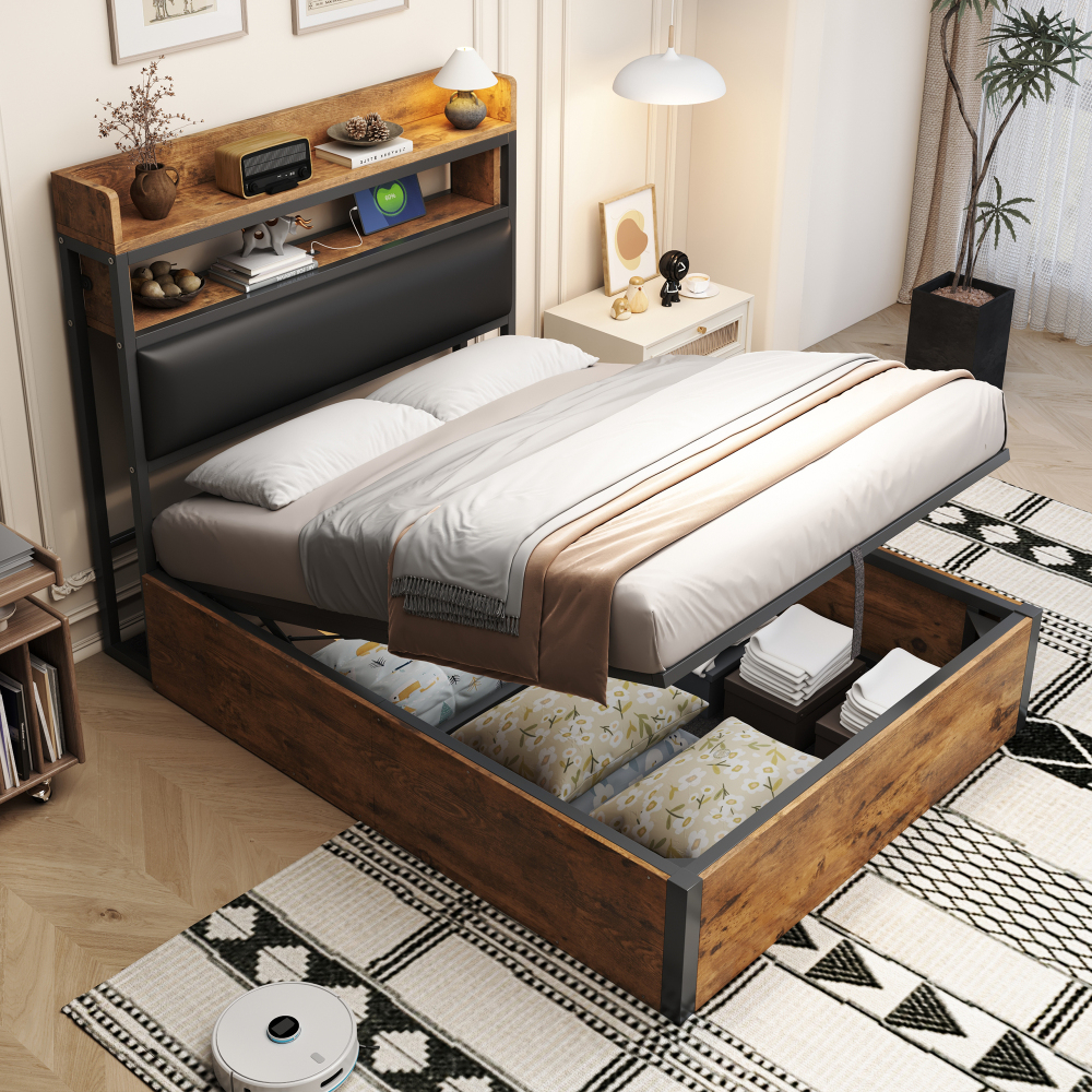 Cama individual 90x200 cm con canapé y usb metal y madera – color negro