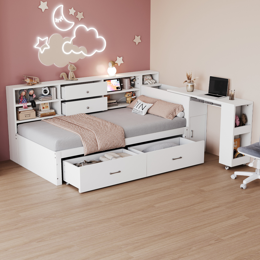 Cama individual 90x200cm con almacenaje escritorio extraíble madera blanco