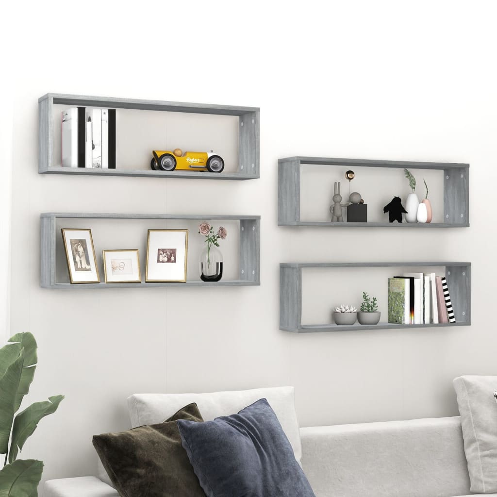Estante cúbico de pared 4 uds madera gris sonoma 80x15x26,5 cm
