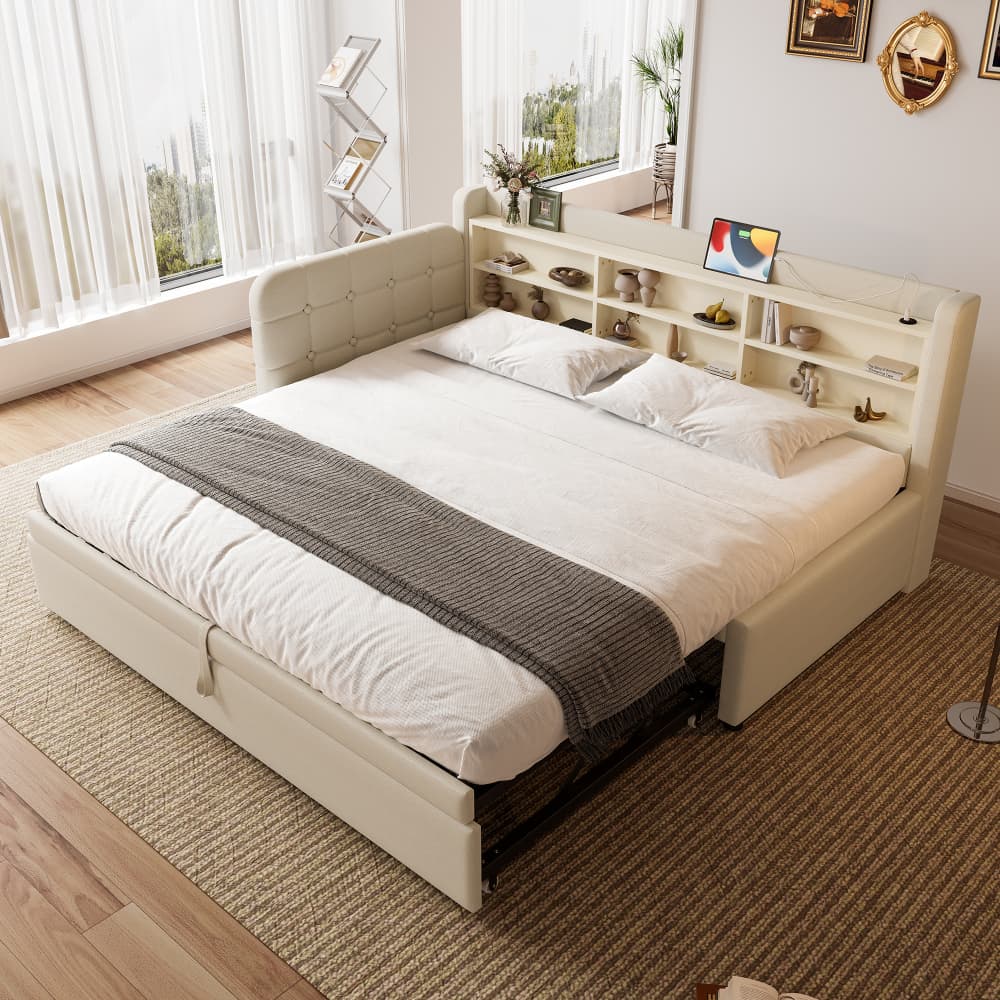 Cama nido 90/180x200cm con usb y estantes lino – beige
