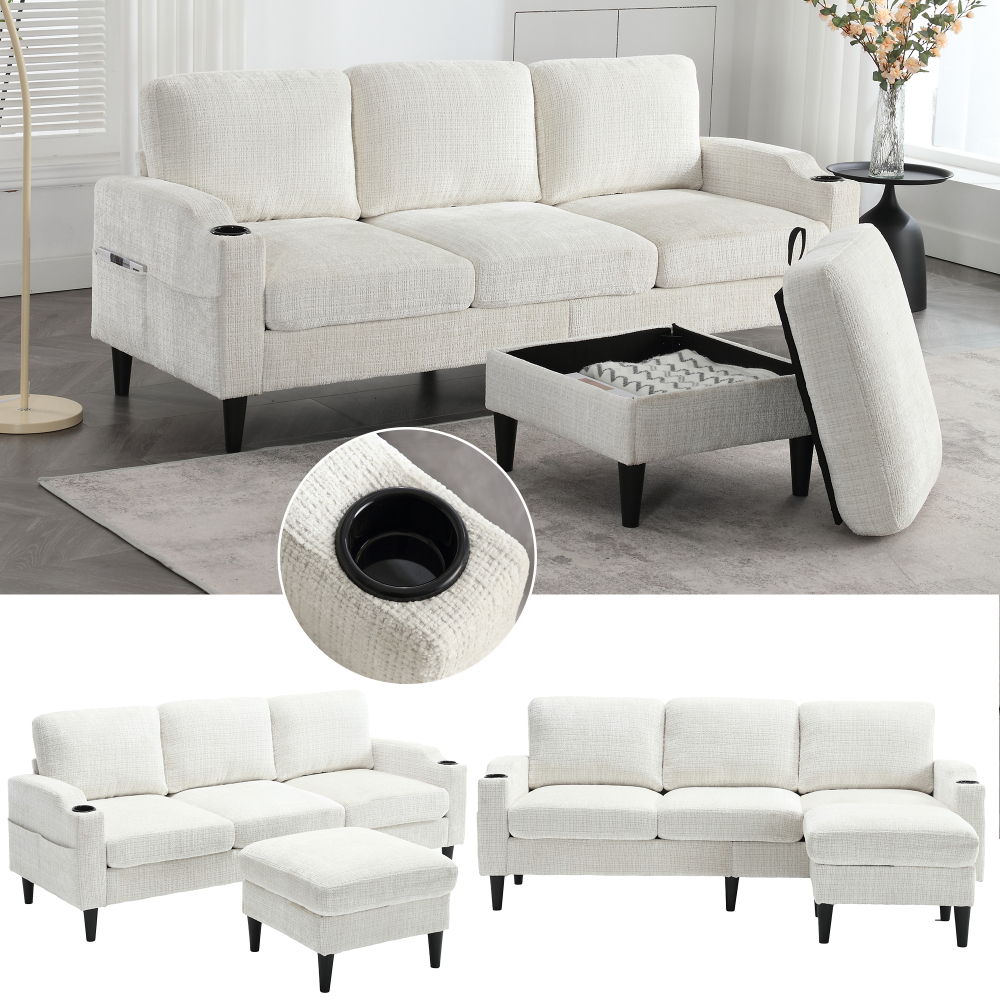 Sofá modular con otomana chenilla beige 4 plazas con almacenaje