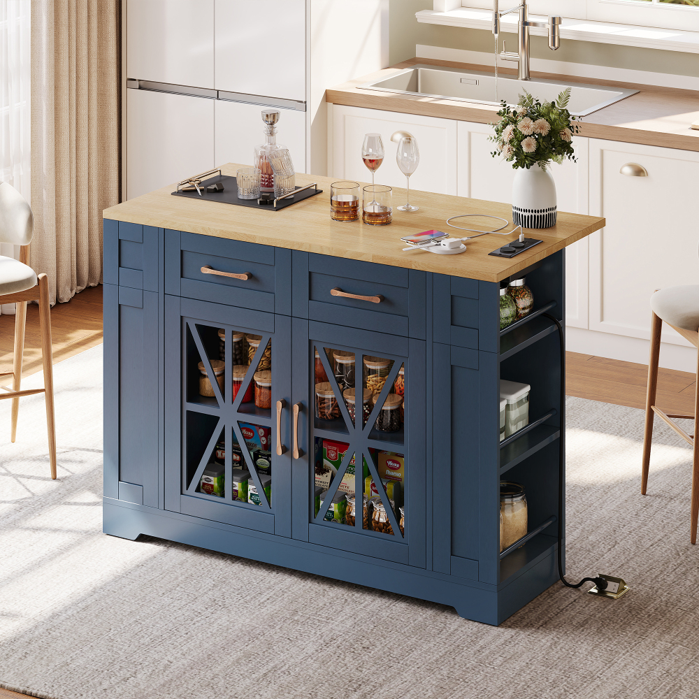 Isla de cocina mesa abatible 2 puertas 1 cajón azul+natural 92x120x40-65cm