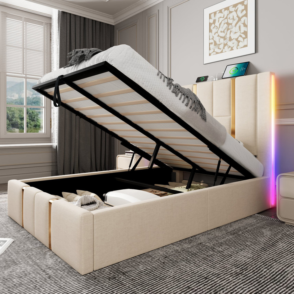 Cama tapizada 90x200 cm con almacenaje LED y usb tipo c lino – color beige