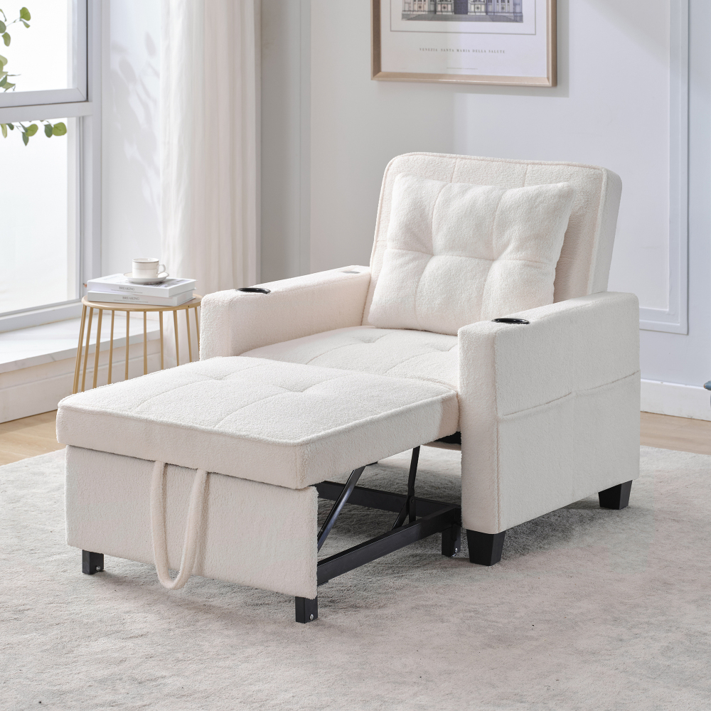 Sillón cama convertible blanco con usb y portavasos