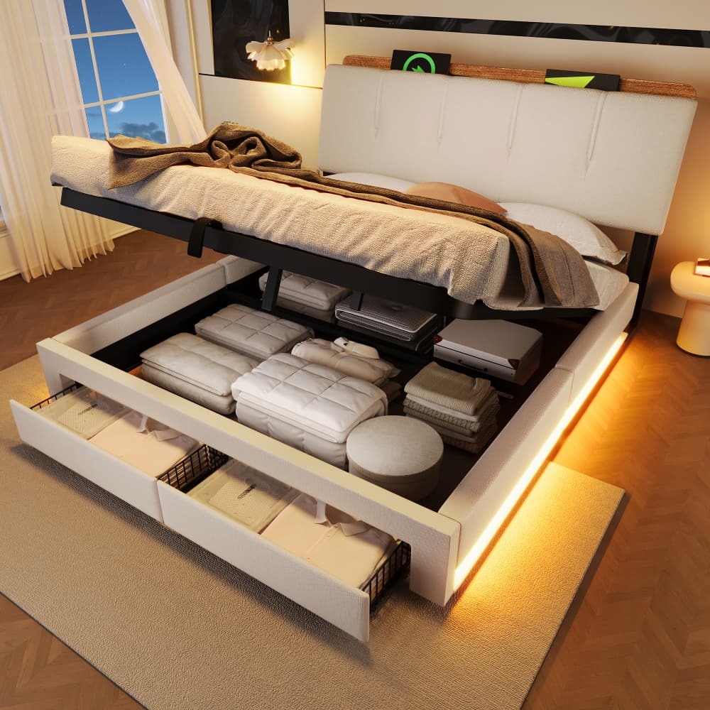 Cama tapizada 140x200 cm con canapé LED usb tipo c lino – color beige