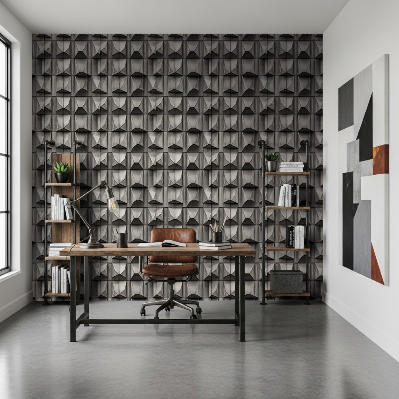 Papel prism geométrico tridimensional gris oscuro cemento 60cm por 300cm