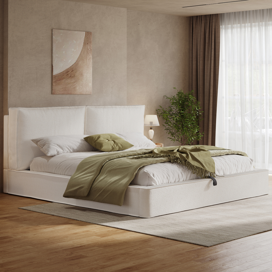Cama doble tapizada 180x200cm con canapé y cabecero bouclé beige