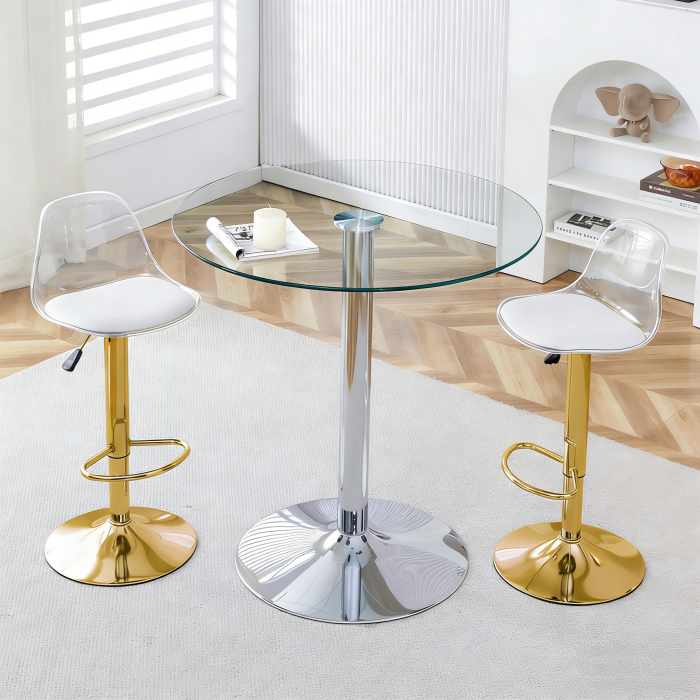 Conjunto de bar mesa redonda cristal y 2 taburetes 89x89cm