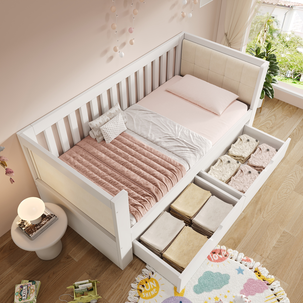 Sofá cama 90x190cm con 2 cajones y respaldo tapizado de madera – blanco