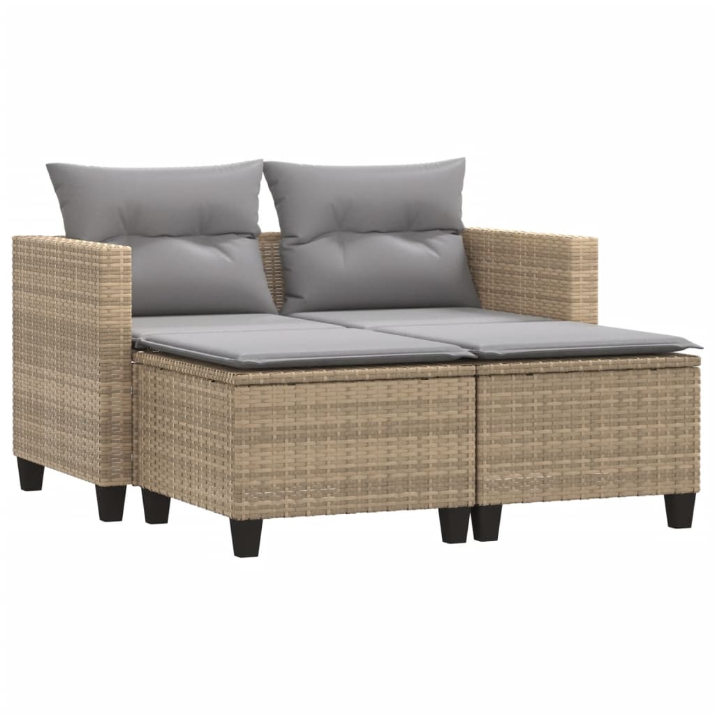 vidaXL sofá de jardín 2 plazas con toldo y taburetes ratán pe beige