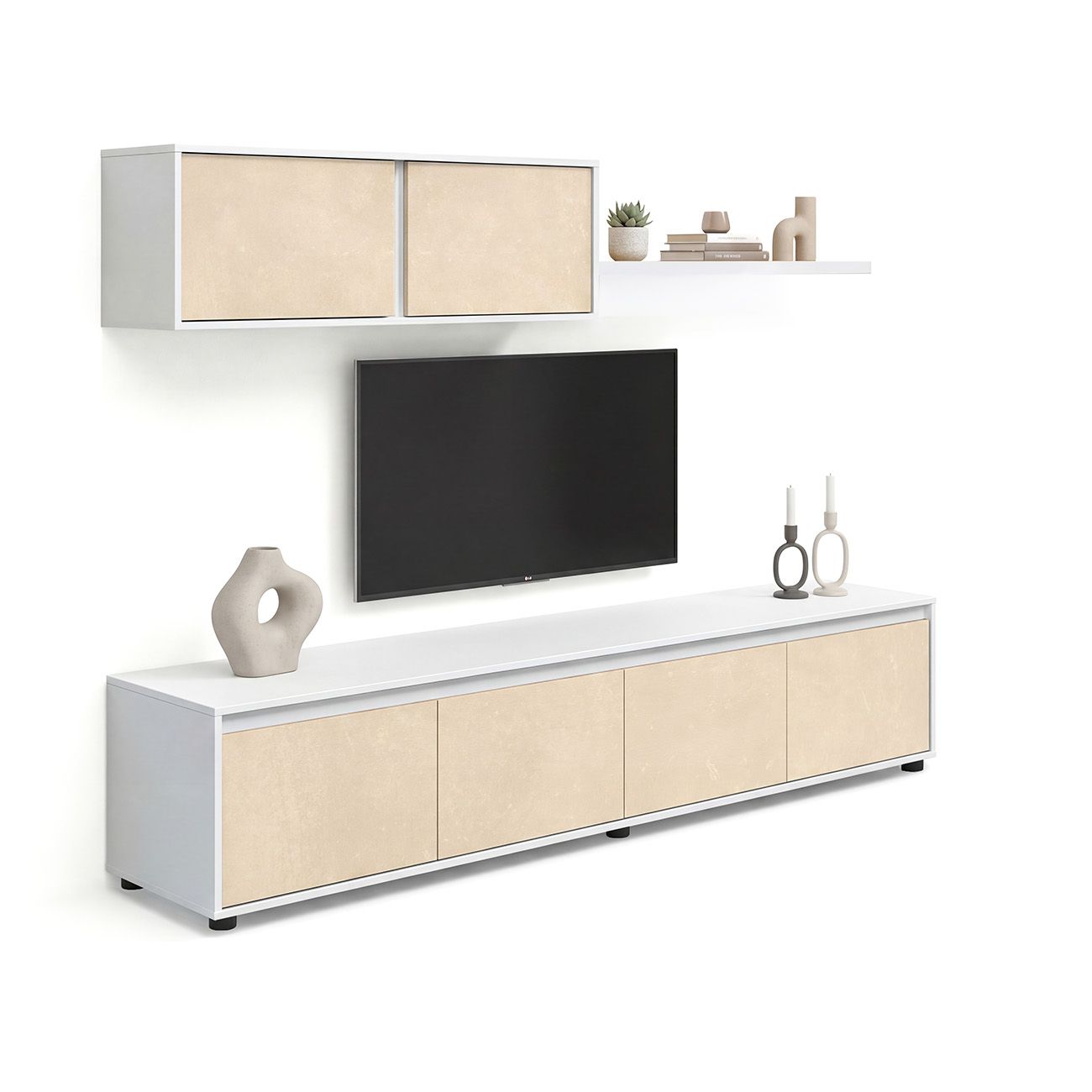 Salón con mueble de tv y estantería 200 cm arlet blanco - microcemento