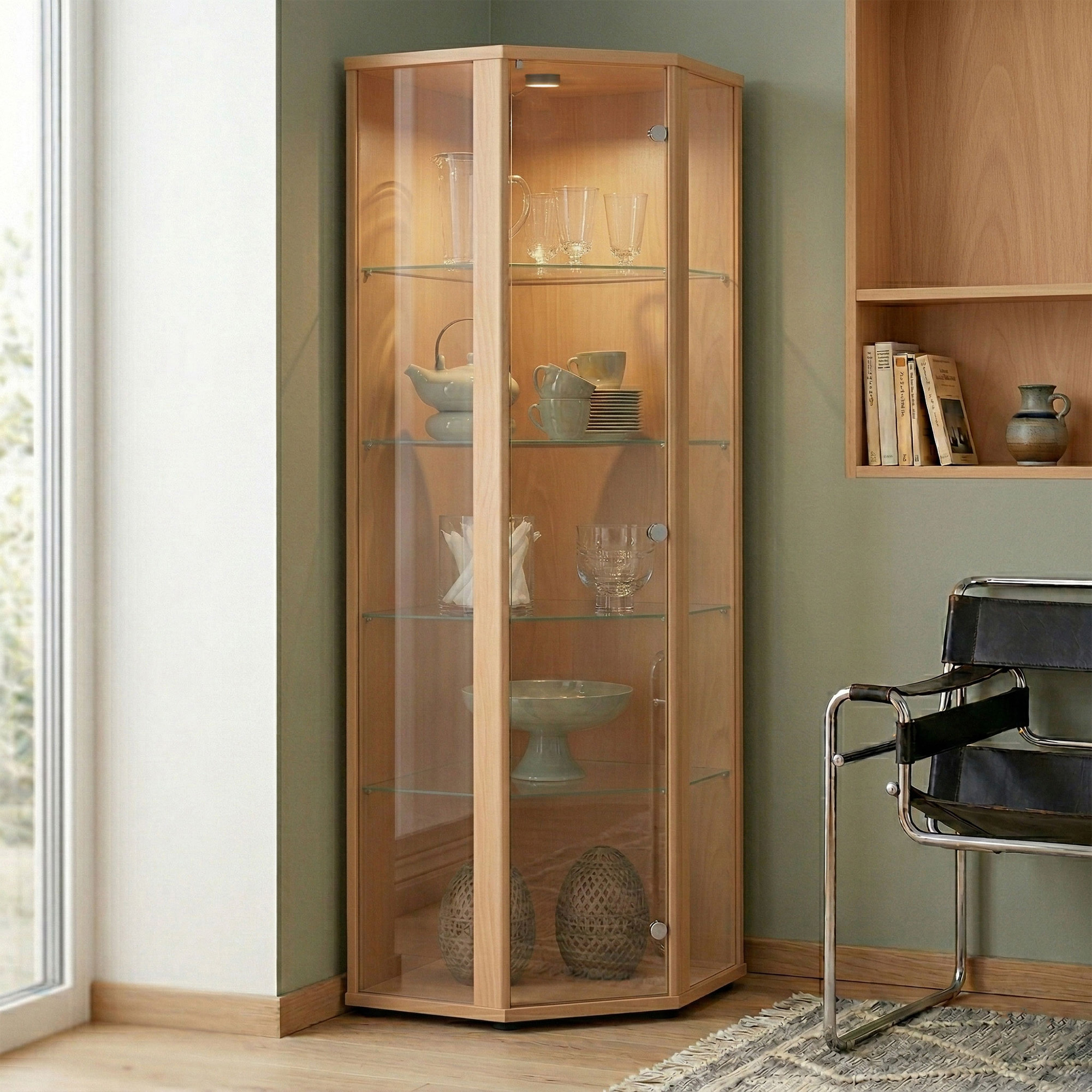 K-möbel vitrina esquina cristal de pie 176x56,5x56,5 cm, LED, haya