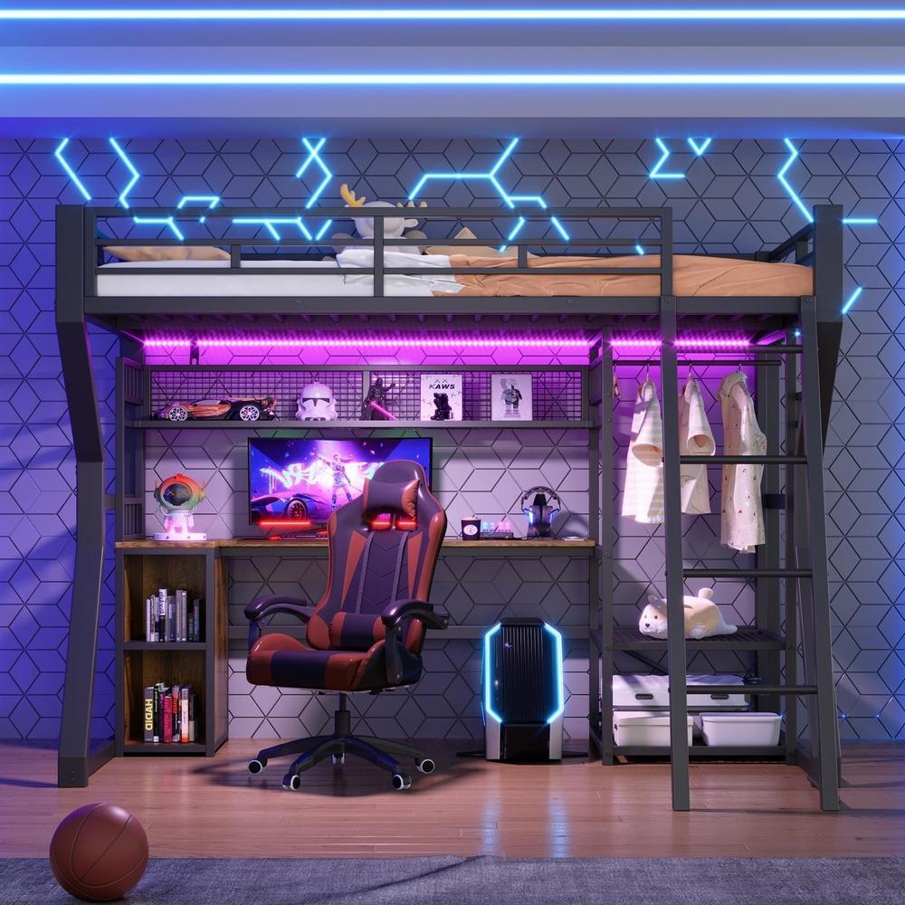 Cama alta 90x200cm con escritorio, LED, enchufe y almacenaje, negro