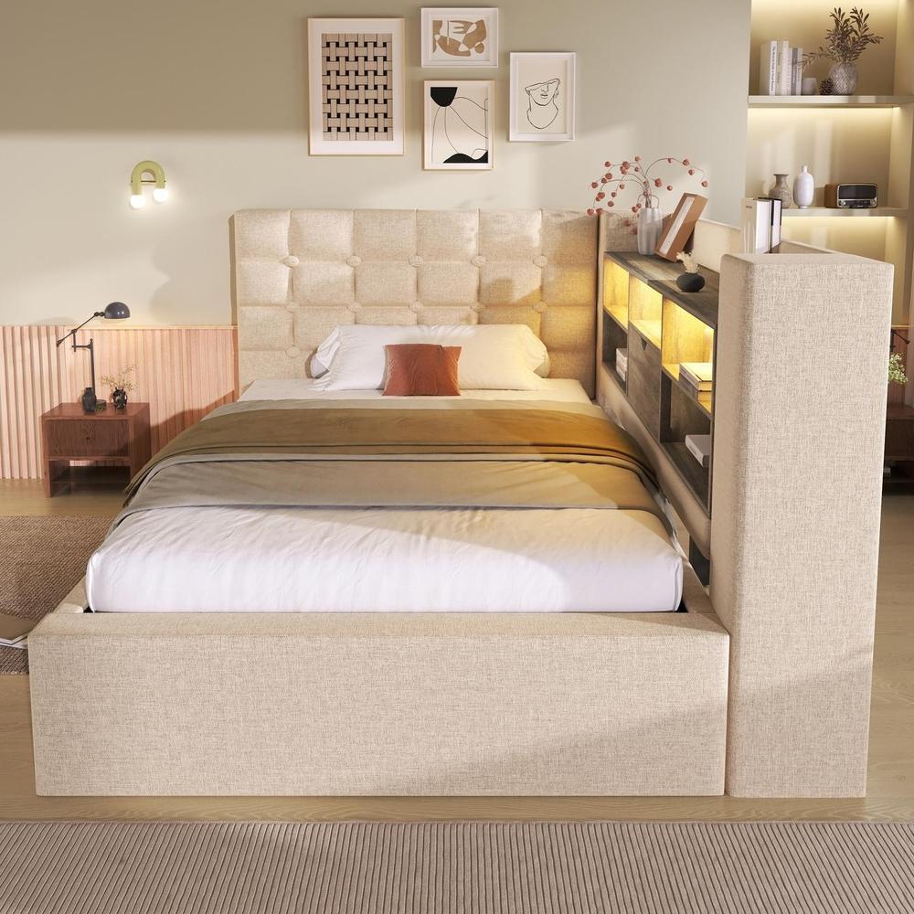 Cama 90x200cm con cabecero en l, LED, usb-c, arcón y colchón beige