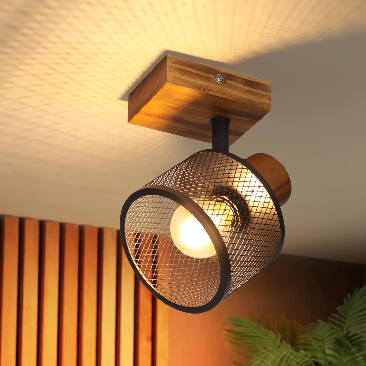 NETTLIFE plafón 1xE14 madera y metal negro orientable para pasillo/cocina