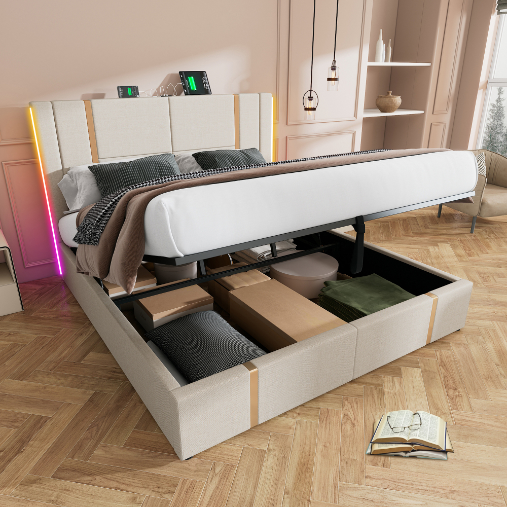Cama tapizada 180x200cm con almacenaje y LED lino – beige