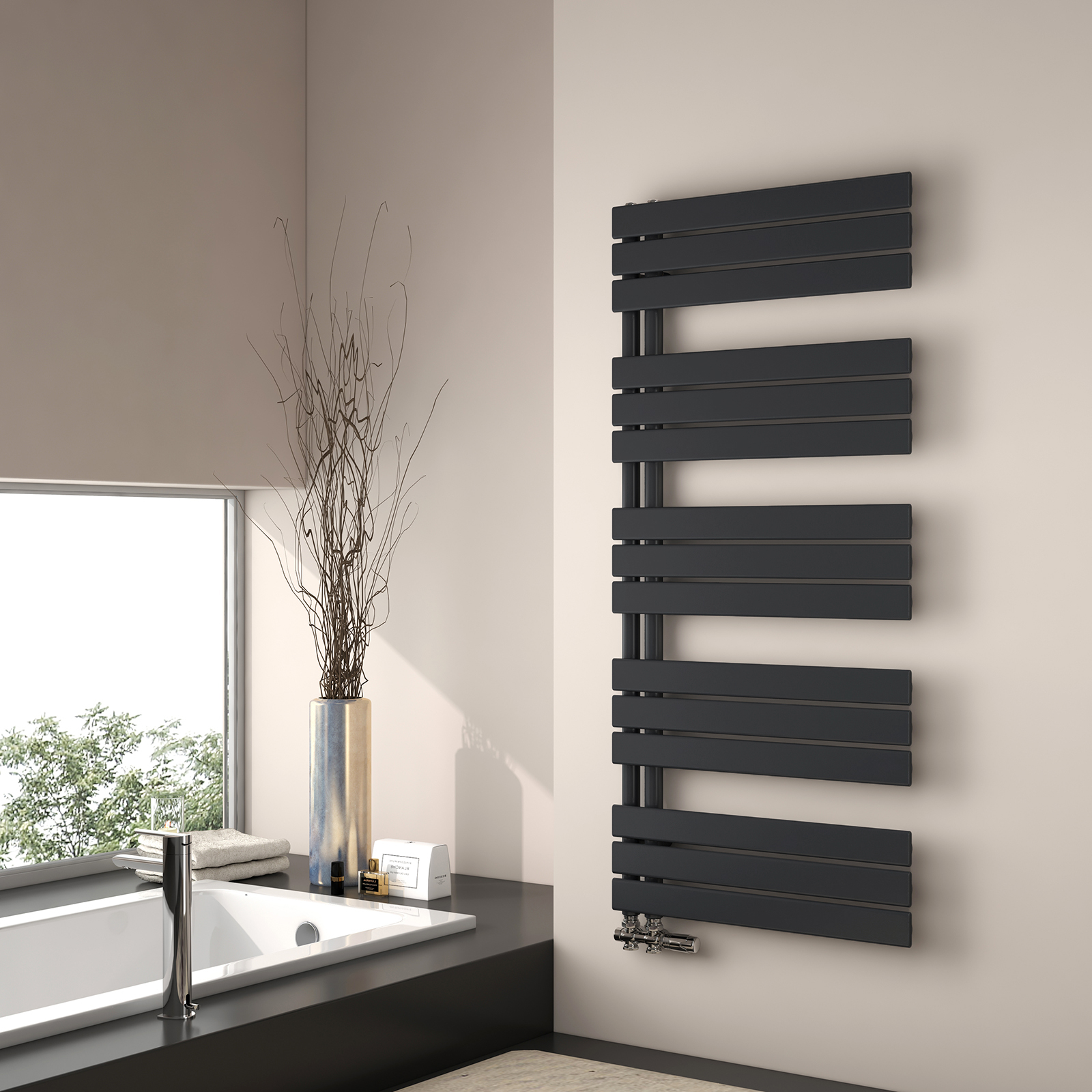 Emke radiador toallero agua caliente 132x60cm, panel negro mate, vertical