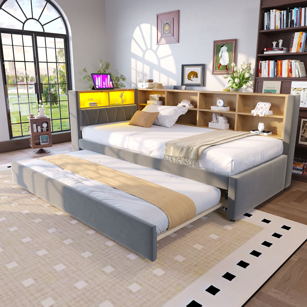 Cama nido 90x200cm con LED, usb y compartimentos franela gris oscuro