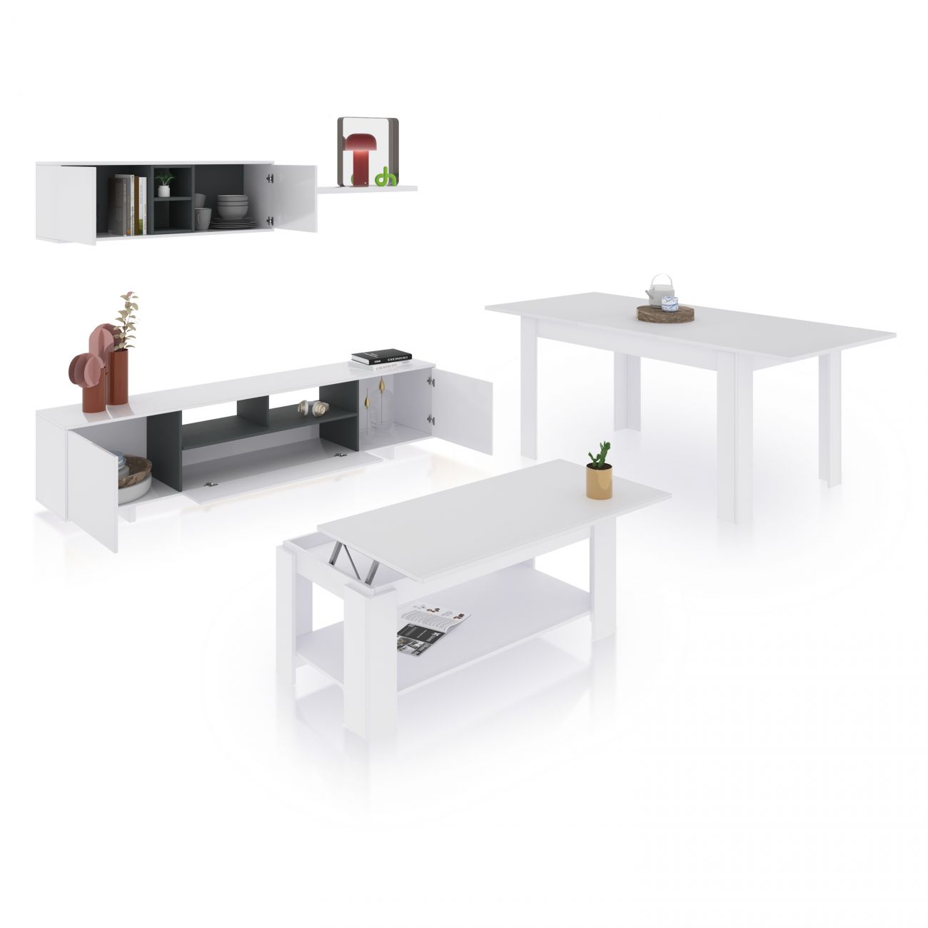 Pack salón mesa de centro y de comedor kenzo max v1a blanco brillo gris
